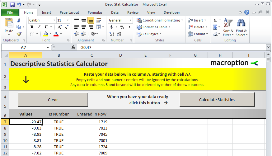 Descriptive Statistics Calculator - data entry sheet