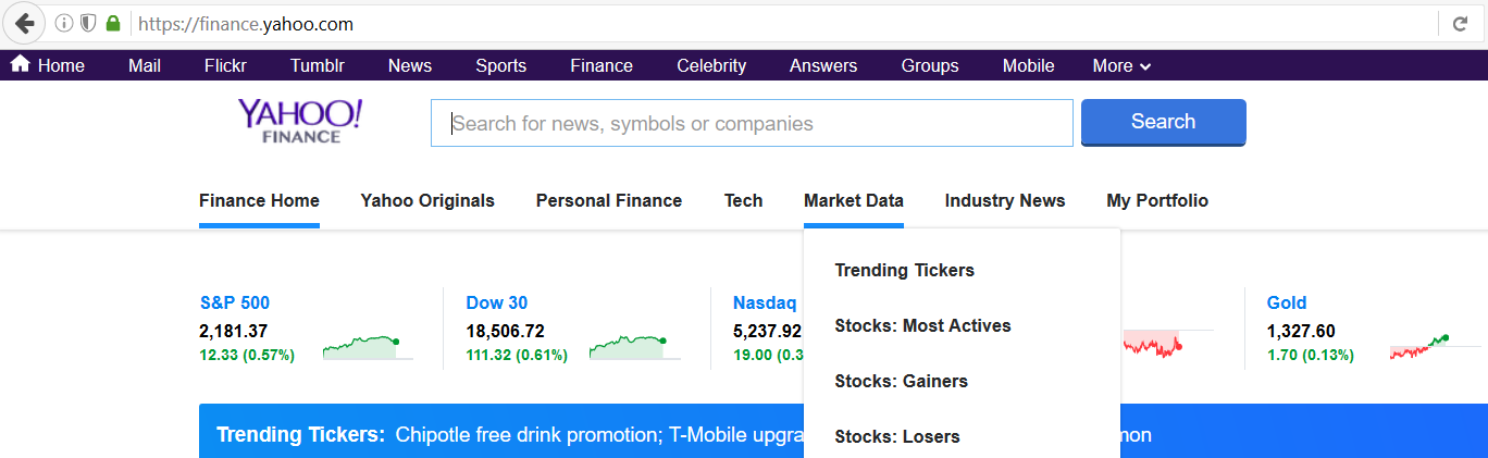 Yahoo Finance Market Data categories