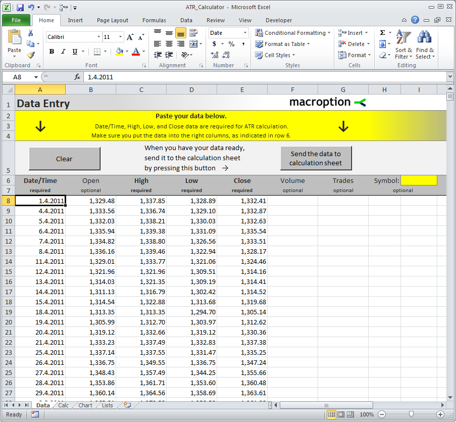 ATR Calculator data entry sheet