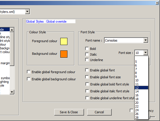 Selecting font size in Notepad++ Style Configurator