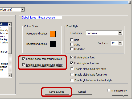 Enable global foreground and background color in Notepad++