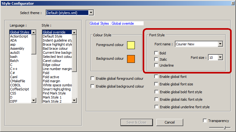 Where to change font in Notepad++ Style Configurator