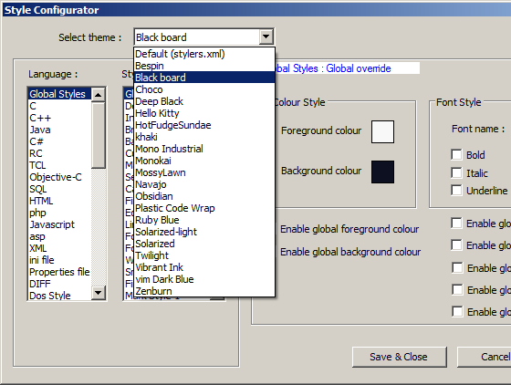 Selecting a theme in Notepad++