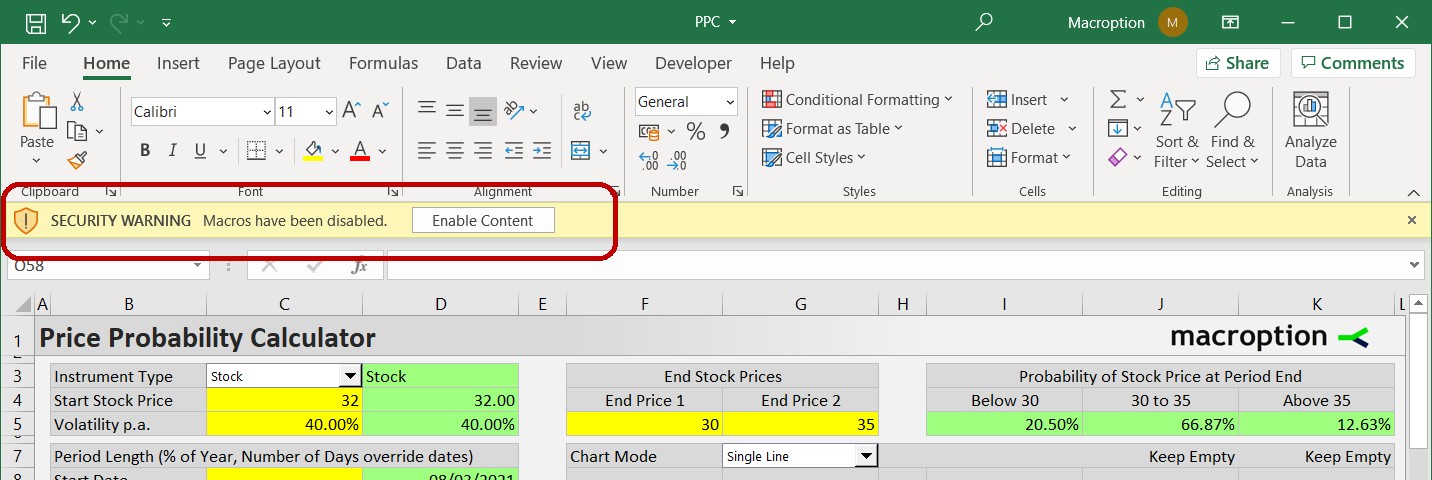 Enable calculations and macros