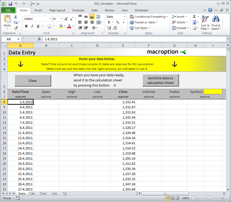 RSI Calculator data entry sheet