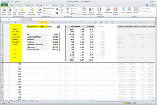Summary Statistics Calculator - Screenshot from Data sheet