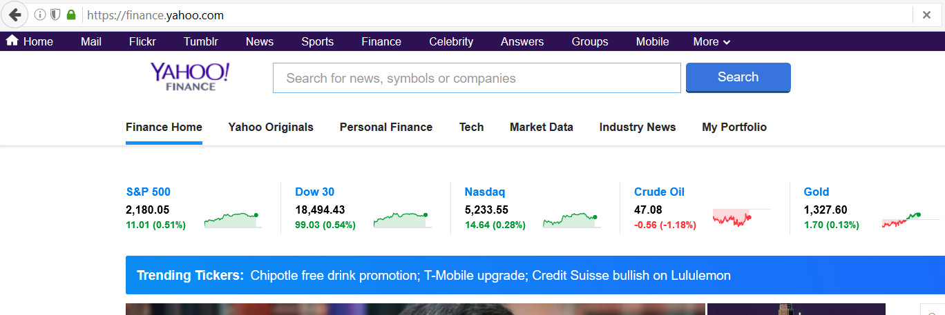 Yahoo Finance homepage
