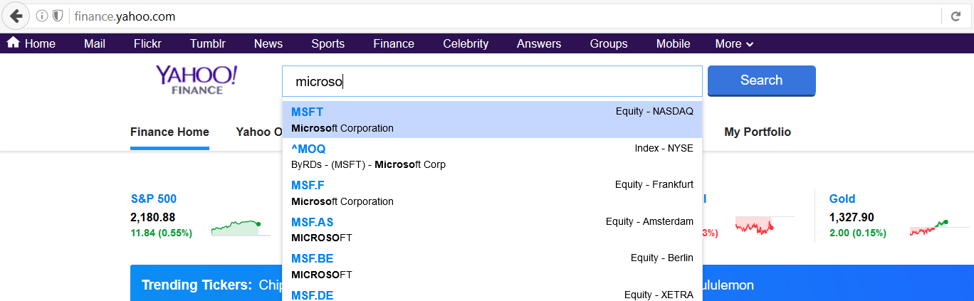 Yahoo Finance symbol search